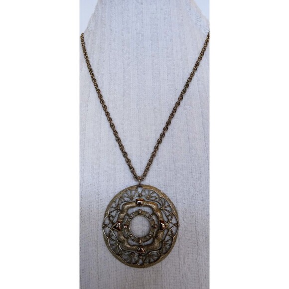 Vintage JJ Signed Pendant Chain Necklace Medallion Silver Tone Open Work 23 in - Picture 1 of 7